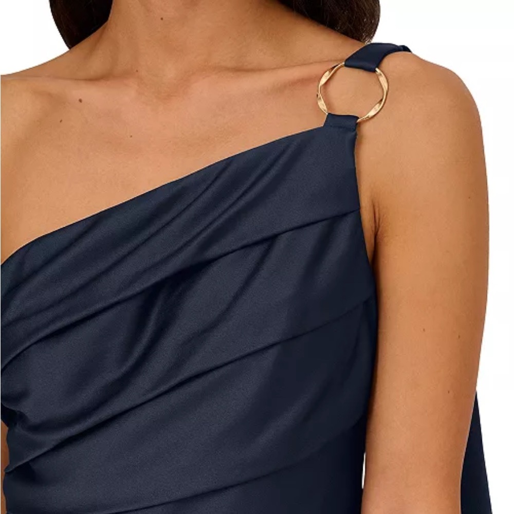 Adrianna Papell Women's Satin NAVY Crepe One-Shoulder Gown Dress 16 NEW - Picture 4 of 5